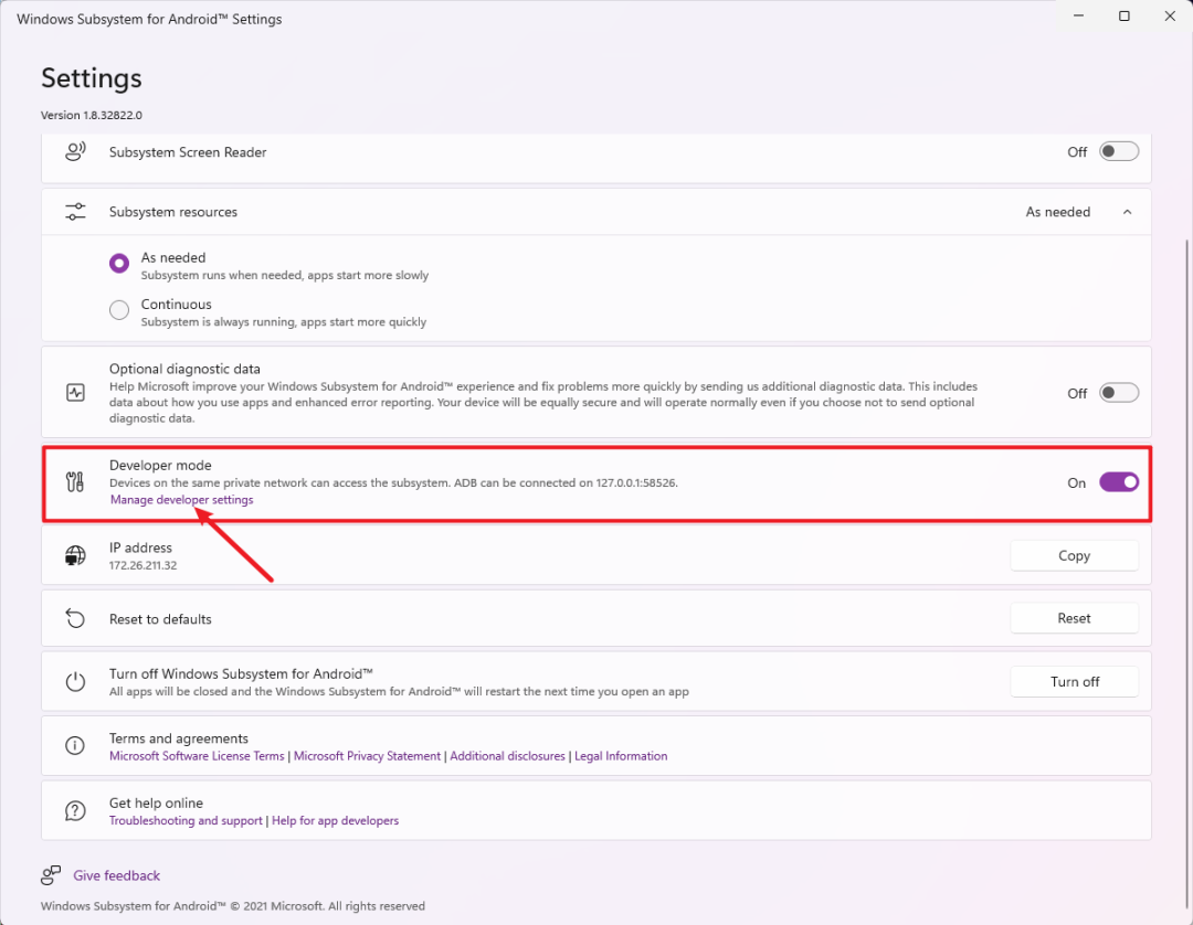 WSA 设置界面，开发者模式开关被突出显示