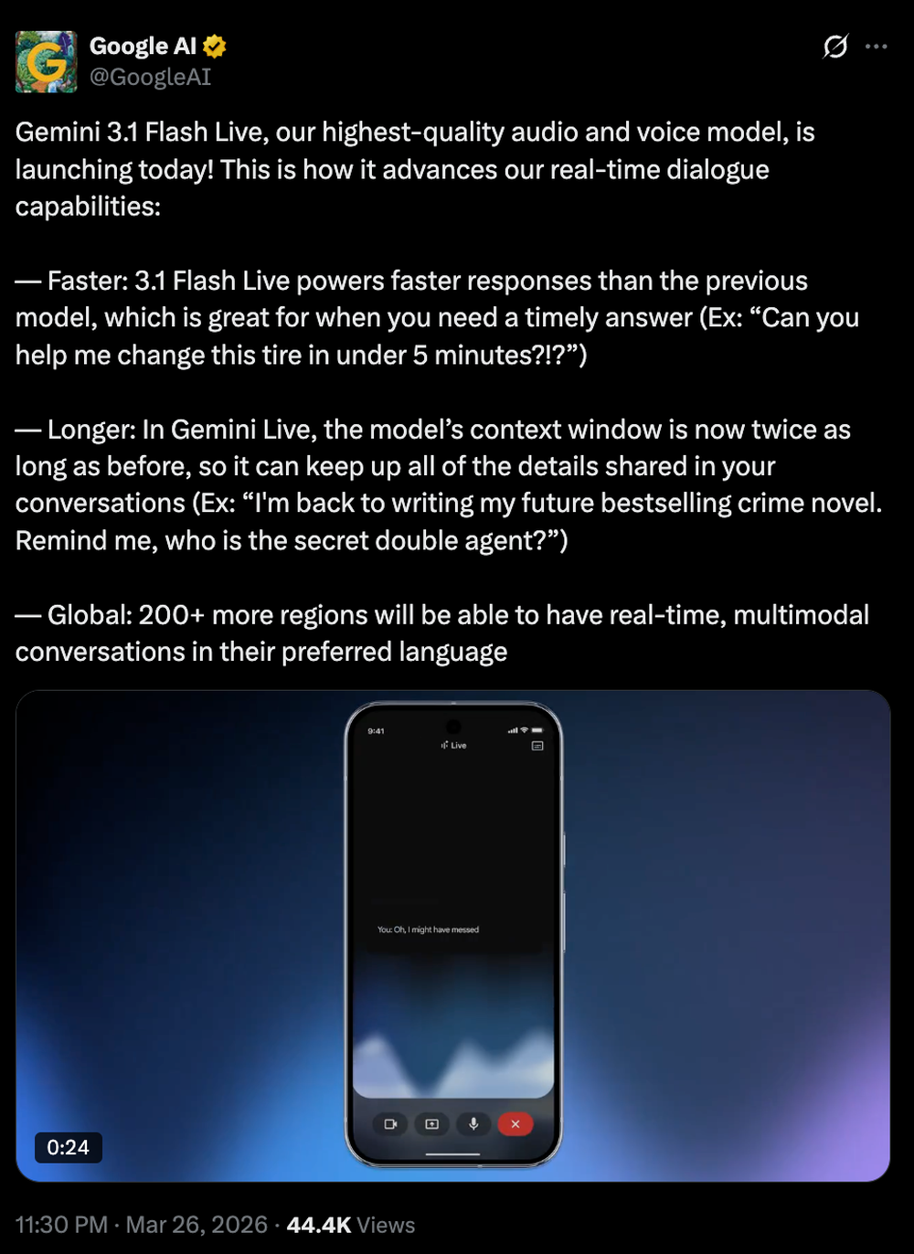 谷歌官方发布的Gemini 3.1 Flash Live推文