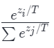 Softmax除以温度T的公式:e^(z_i / T) / Σ e^(z_j / T)