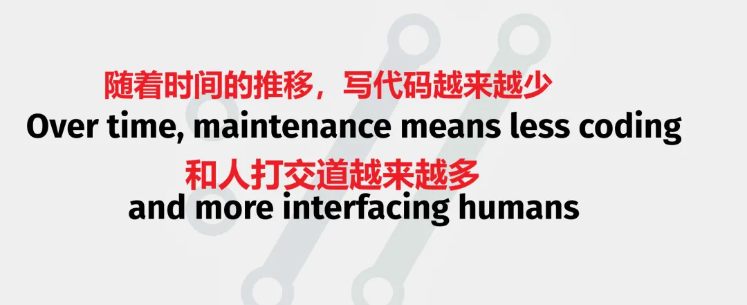 随着时间的推移,写代码越来越少,和人打交道越来越多 Over time, maintenance means less coding and more interfacing humans