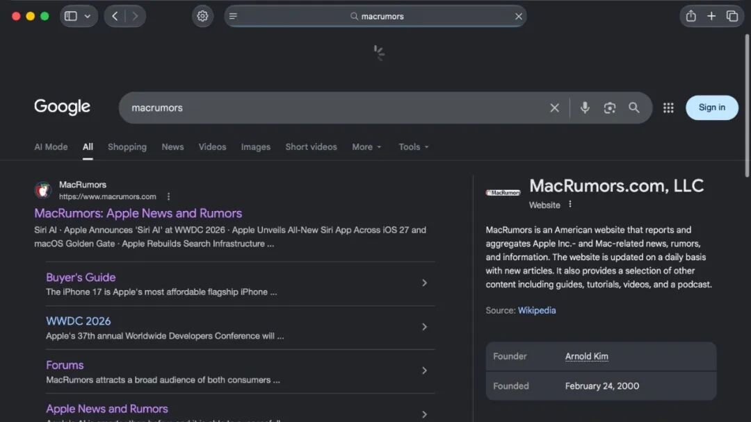 Google 搜索 MacRumors 的结果页面,展示了关于苹果新闻和传言的相关链接