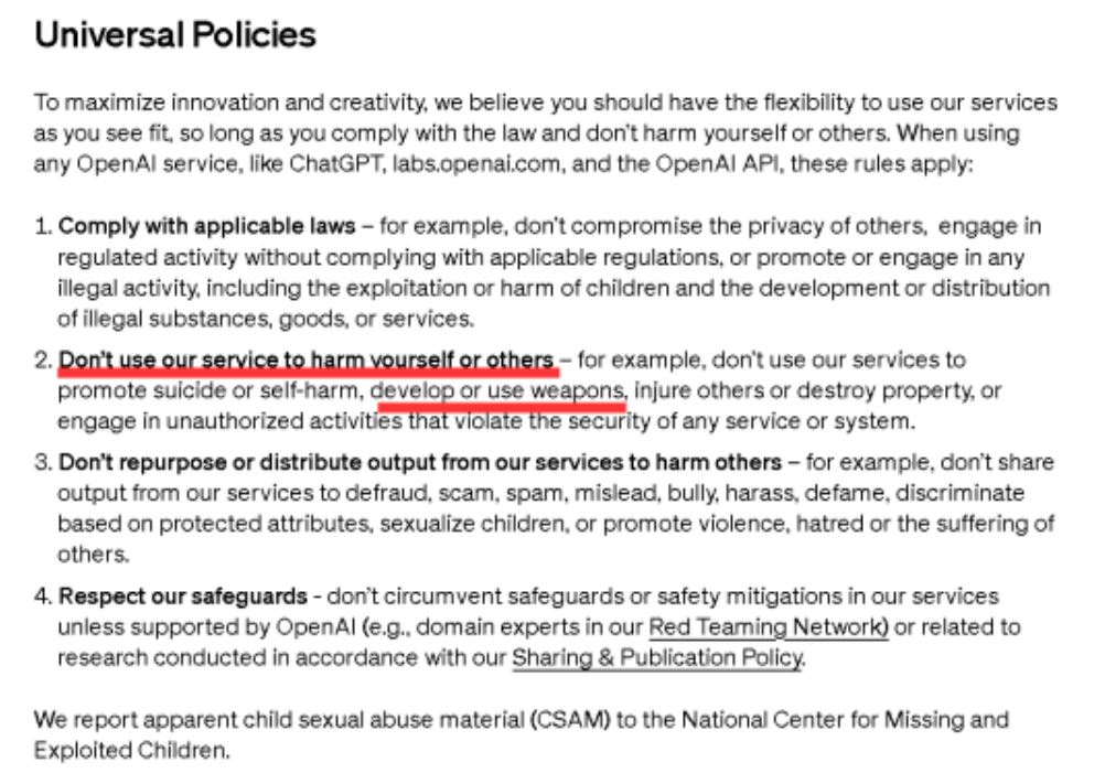 OpenAI修改后的通用政策页面截图，原军事禁令条款被删除