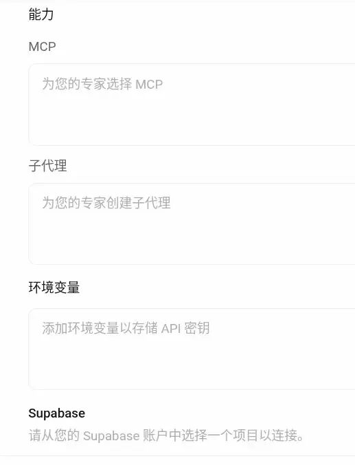 专家配置模块：能力、子代理、环境变量等
