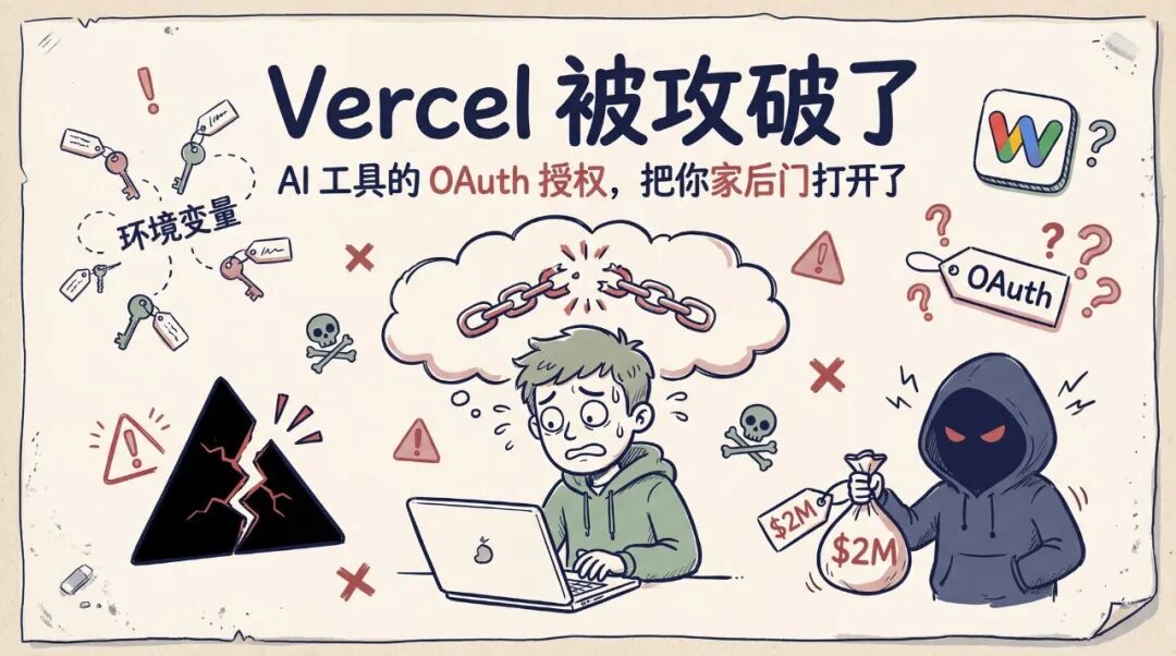 Vercel安全事件警示插画：黑客通过OAuth授权窃取密钥