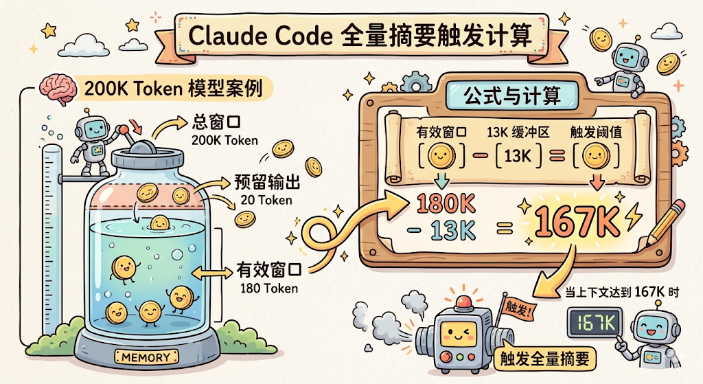 一张关于Claude Code全量摘要触发计算的科普插画,整体风格为卡通手绘风。顶部横幅标题为'Claude Code 全量摘要触发计算'。左侧是一个标有'MEMORY'的玻璃瓶,内含蓝色液体和多个带笑脸的金币状Token,瓶身标注'200K Token 模型案例';瓶内从上至下分为三个区域:总窗口(200K Token)、预留输出(20 Token)、有效窗口(180 Token),并配有机器人小助手指向各部分。右侧是一个木制卷轴板,标题为'公式与计算',展示计算过程:有效窗口(13K缓冲区)减去触发阈值,得出180K - 13K = 167K,下方有闪电图标强调计算结果;底部右下角显示当上下文达到167K时触发全量摘要,配有一个带警报灯的机器人和一个显示'167K'的数字屏,旁边还有另一个机器人竖起大拇指表示确认。