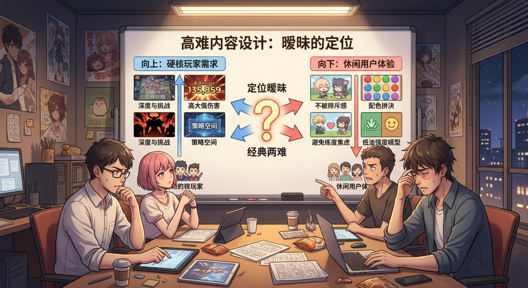 描绘游戏设计者讨论高难内容定位困境的插画