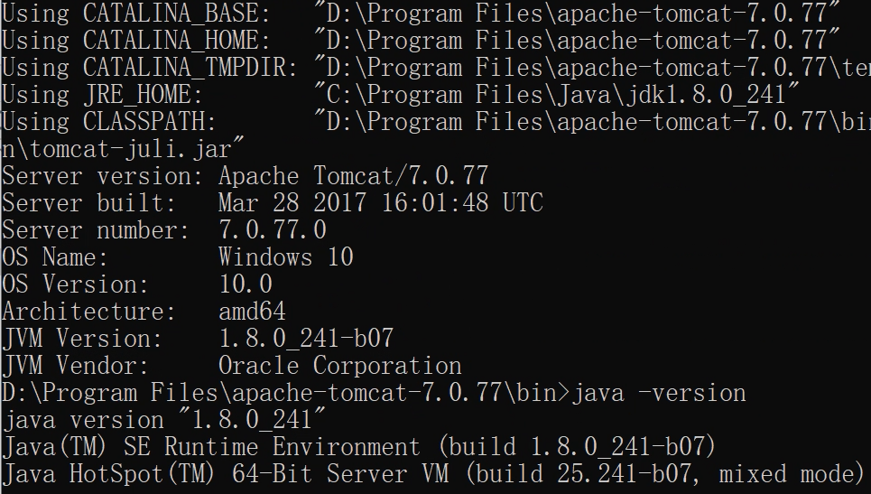 Tomcat 7.0.77 启动环境配置与 Java 版本信息终端截图