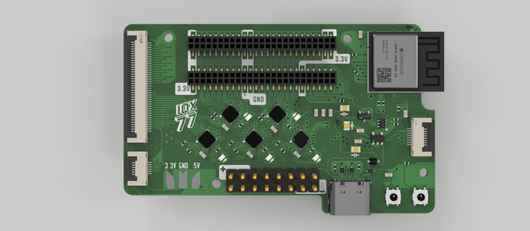 IOX-77 开发板实物俯视图,展示 ESP32-PICO-MINI-2 模块与各接口