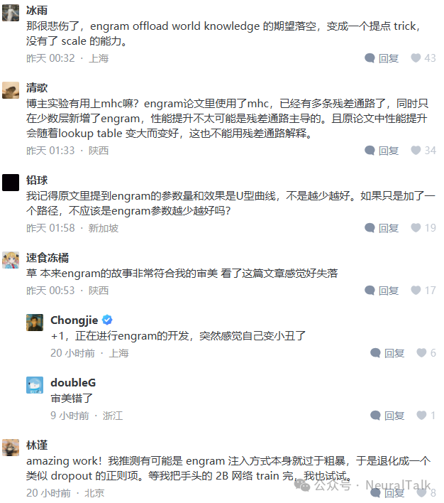 关于Engram技术讨论的社交媒体评论区截图