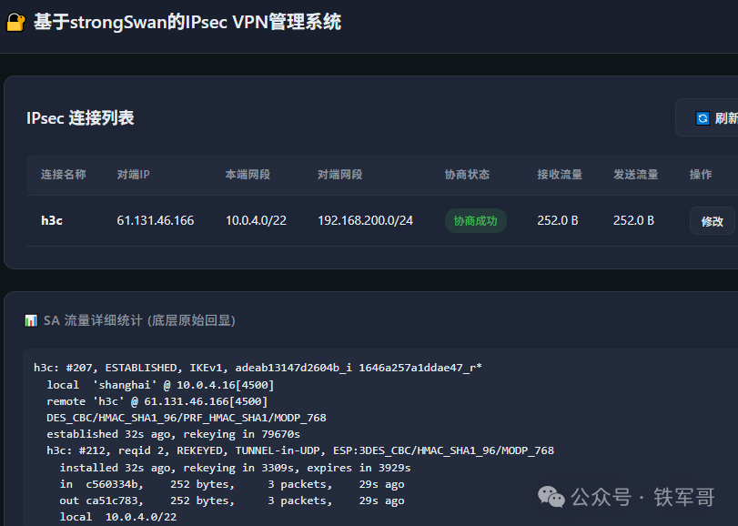 strongSwan管理系统IPsec连接成功及流量统计页面