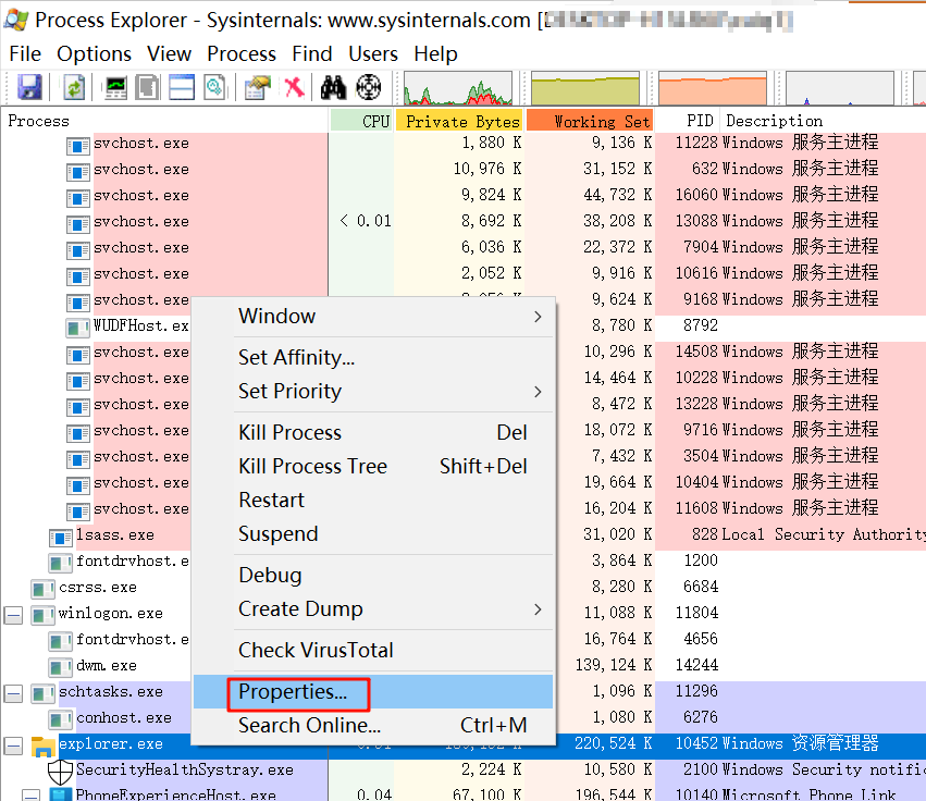 Process Explorer进程右键菜单