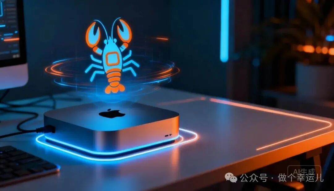 一张融合了Mac mini与龙虾AI助手的科幻概念图