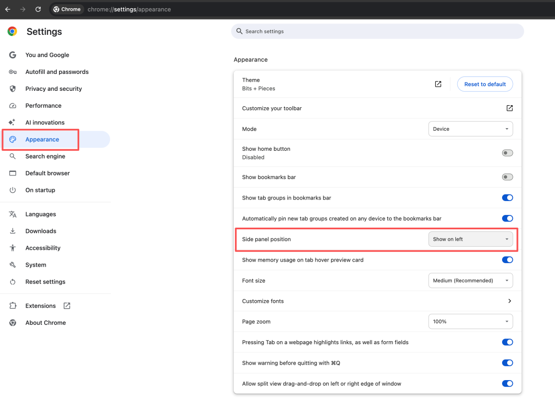 Chrome外观设置界面，调整侧边面板位置