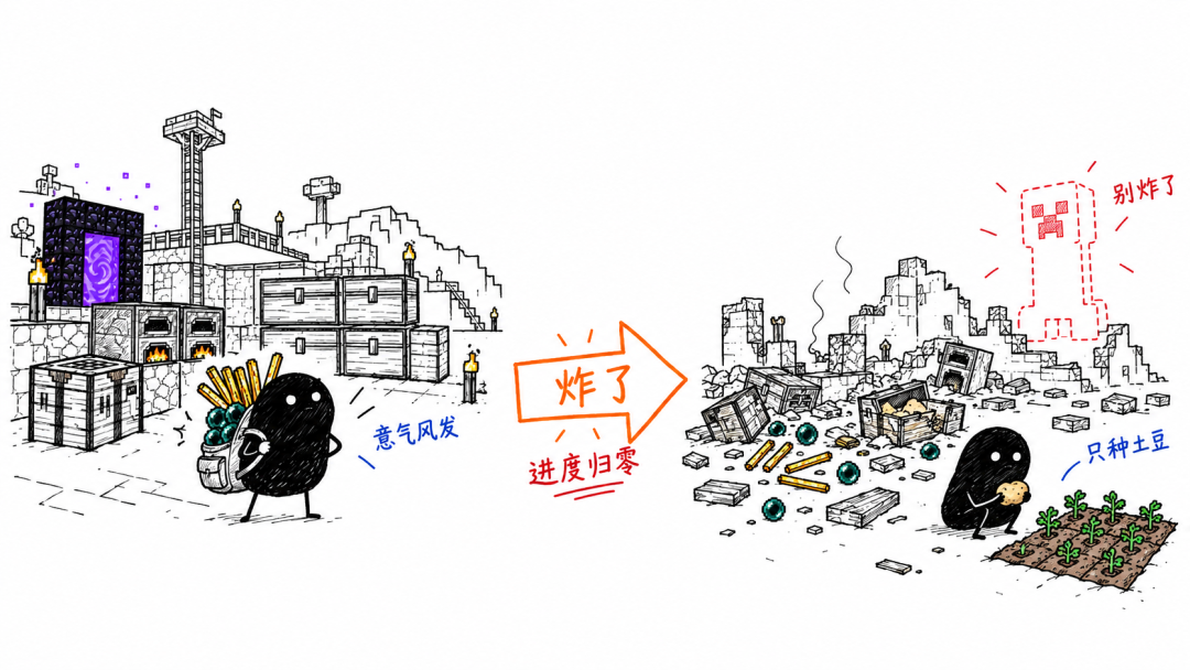 爆炸前后对比:冒险者小黑 vs 保守种土豆小黑