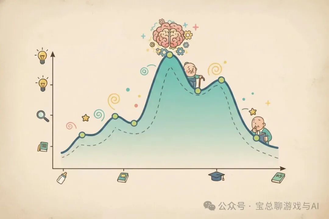 一张描绘人生不同阶段认知能力变化的手绘风格图表