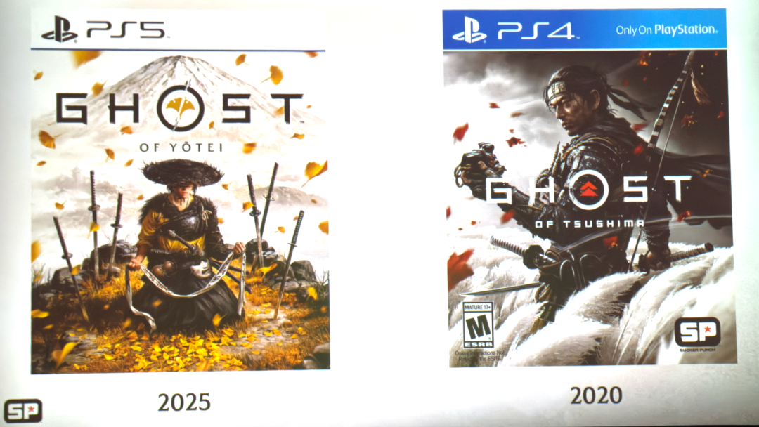 《羊蹄山之魂》（PS5，2025）与《对马岛之魂》（PS4，2020）游戏封面对比