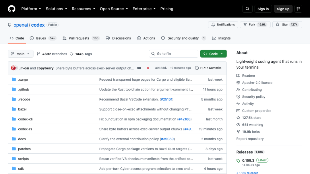 openai/codex GitHub 仓库首页,Star 突破 12.7 万