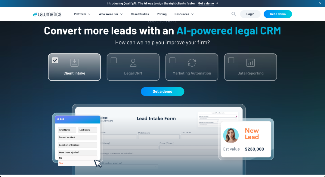 Lawmatics AI驱动法律CRM平台界面与潜在客户表单