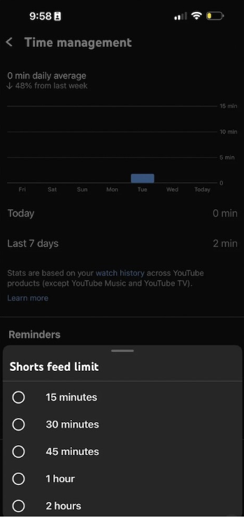 YouTube时间管理界面中的Shorts feed limit设置