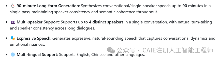 VibeVoice TTS 功能特性：90分钟生成长文本、多说话人支持、富有表现力、多语言