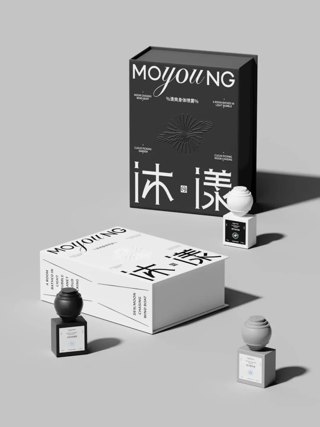 黑白包装盒与多款产品展示