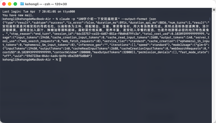Claude命令返回JSON格式结果示例