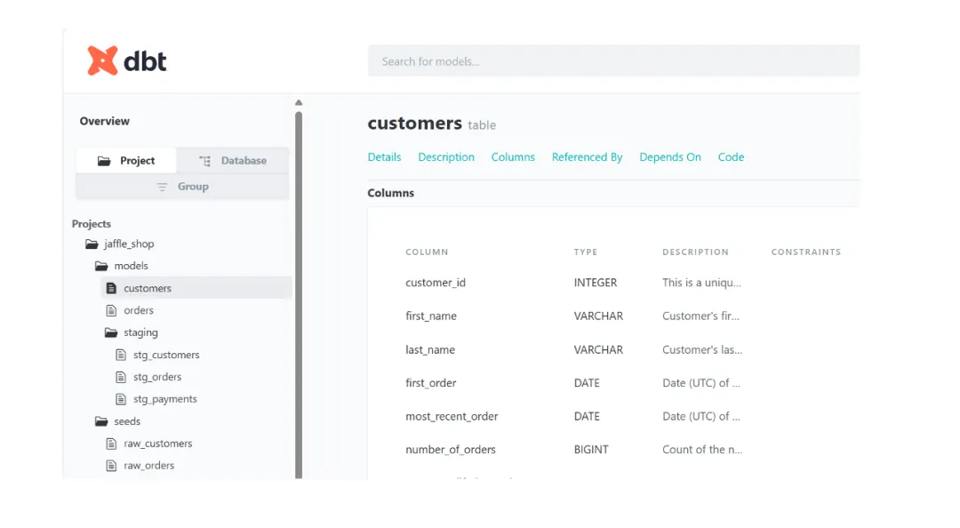 dbt 工具界面展示数据模型详情与列信息