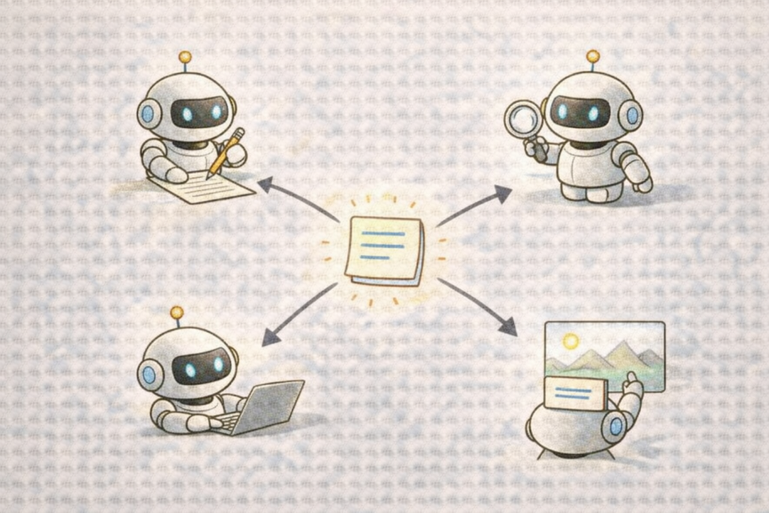 多个AI Agent围绕中心任务协作的示意图