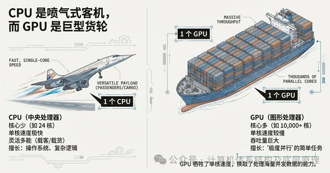 CPU与GPU对比示意图：喷气式客机与巨型货轮