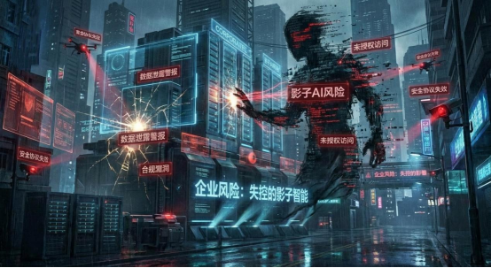 描绘影子AI风险的未来城市概念图