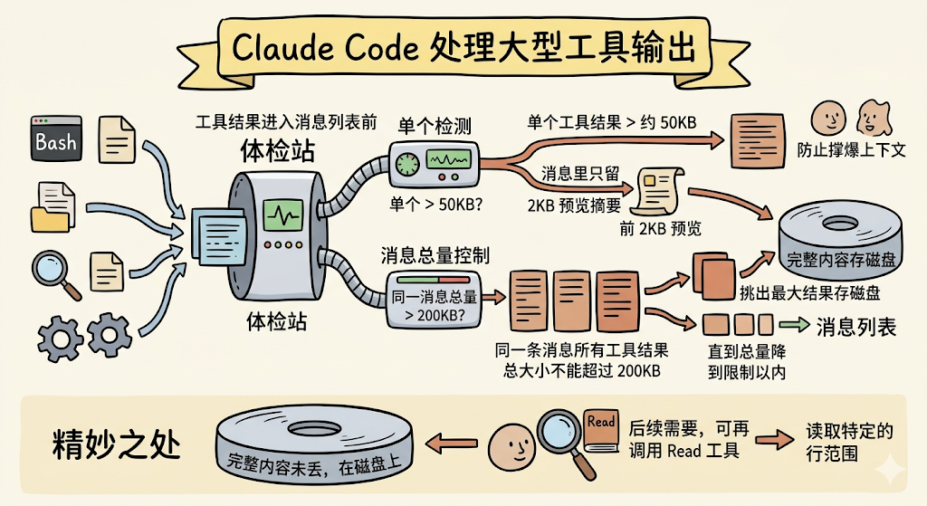 一张关于Claude Code处理大型工具输出流程的中文信息图,顶部标题为‘Claude Code 处理大型工具输出’。图中展示从Bash、文件、文件夹、搜索、设置等输入源进入‘体检站’(一个带波形图的圆柱体),随后分两条路径:上方‘单个检测’路径判断‘单个工具结果 > 约50KB?’,若满足则保留前2KB预览摘要并存入磁盘防止撑爆上下文;下方‘消息总量控制’路径判断‘同一消息总量 > 200KB?’,若满足则将同一条消息所有工具结果总大小限制在200KB内,并挑出最大结果存磁盘,其余存入消息列表。底部‘精妙之处’区域说明完整内容未丢,在磁盘上,后续可调用Read工具读取特定行范围。