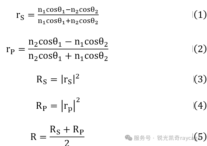 菲涅尔公式表达式,包含s波和p波的反射系数与反射率