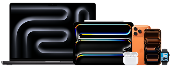 苹果产品全家福：MacBook， iPad， iPhone， AirPods， Apple Watch