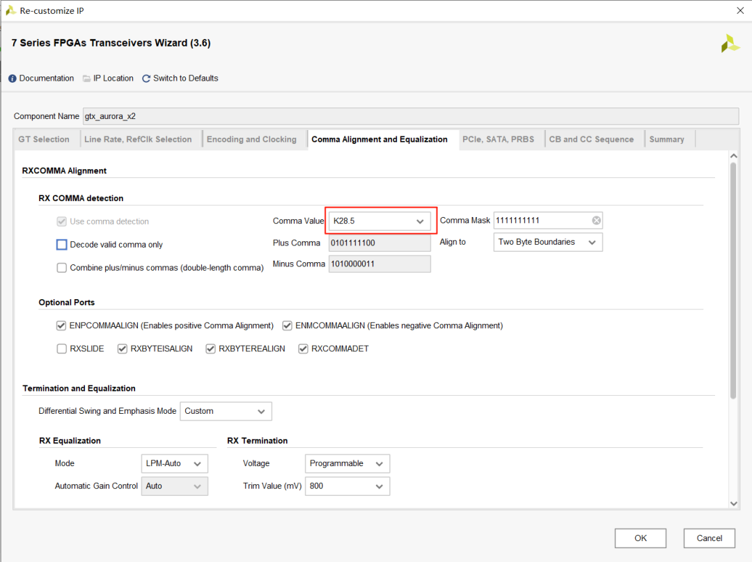 RX COMMA对齐配置：Comma Value设为K28.5（BC码），启用正负Comma检测
