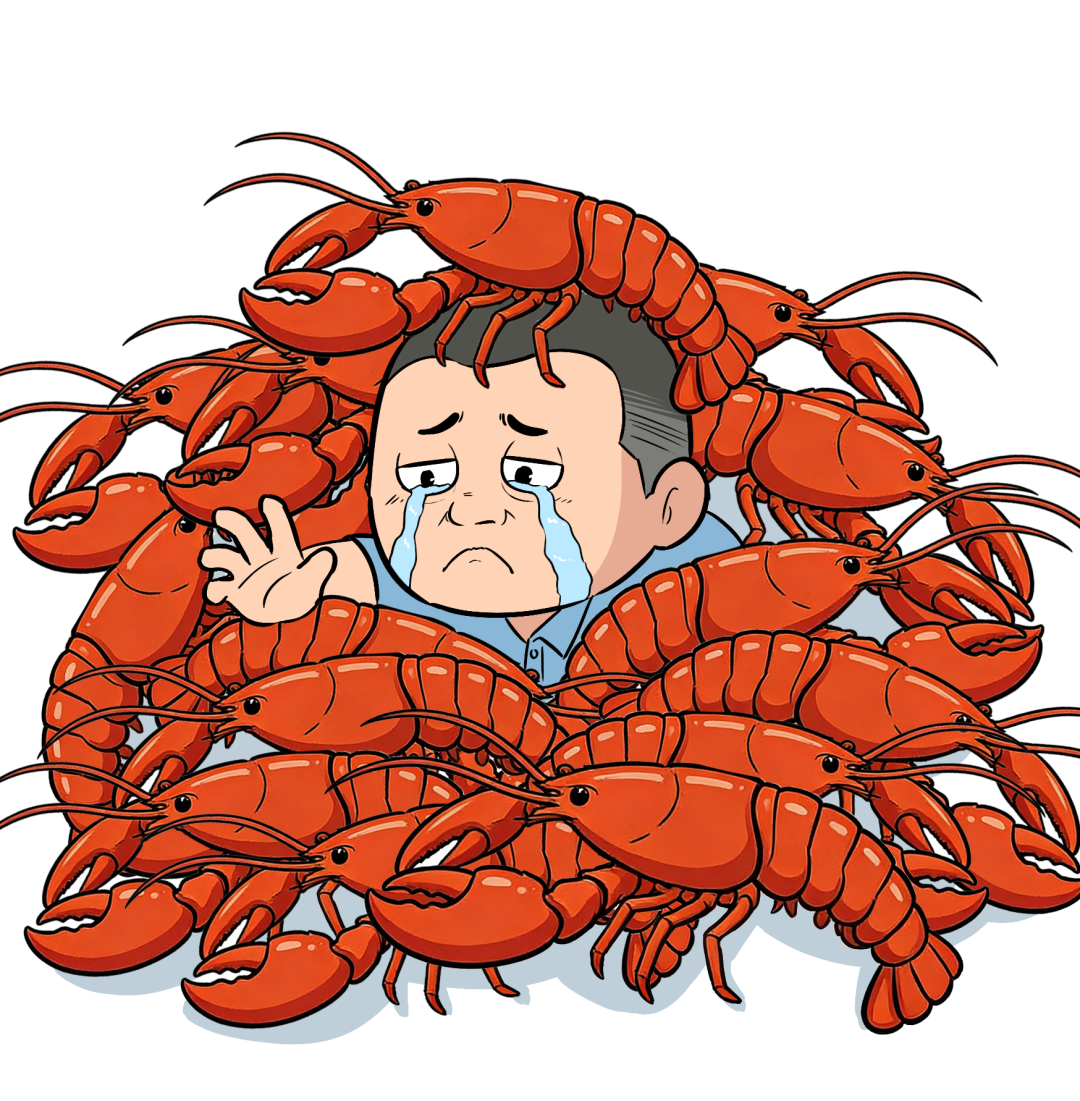 卡通风格:被大量龙虾包围的男子