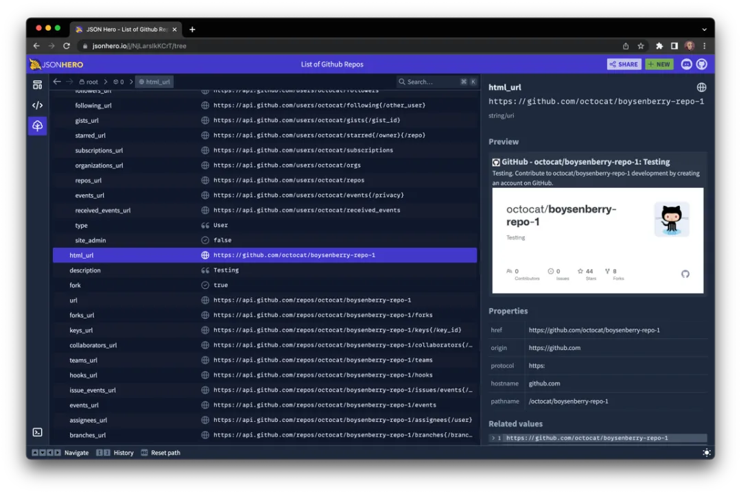 JSON Hero解析并预览网站URL，展示GitHub仓库信息