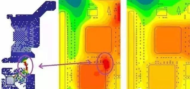 电路热力仿真图,显示局部高温热点