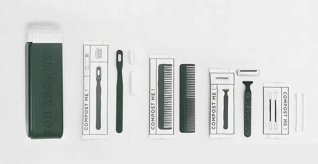 一套印有 COMPOST ME 字样的可堆肥个人护理工具