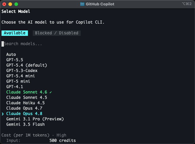 GitHub Copilot 模型选择界面:Claude Opus 4.8 可用,Fable 5 已消失