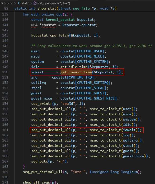 show_stat 函数中获取各CPU统计信息的核心代码