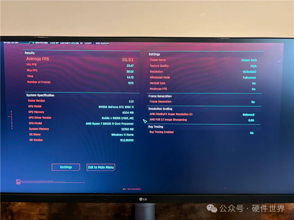 GTX 1050 Ti搭配AMD Ryzen 7 5800X在赛博朋克2077中运行基准测试的平均帧率表现