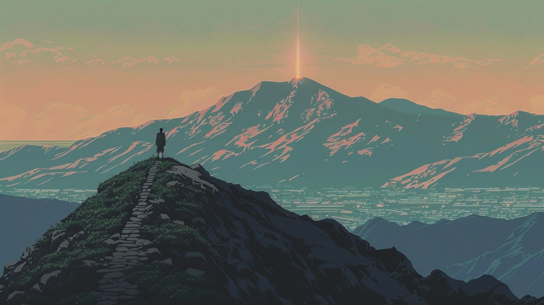 站在山巅眺望远方云海与城市的意境图