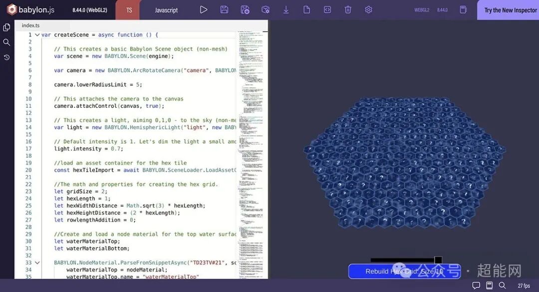Babylon.js JavaScript测试代码与六边形网格渲染