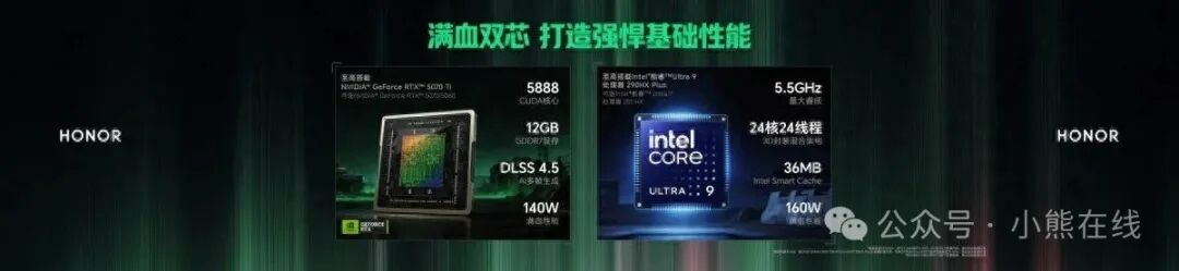 荣耀WIN游戏本满血双芯性能宣传海报，展示NVIDIA RTX 5070 Ti与Intel Core Ultra 9核心规格
