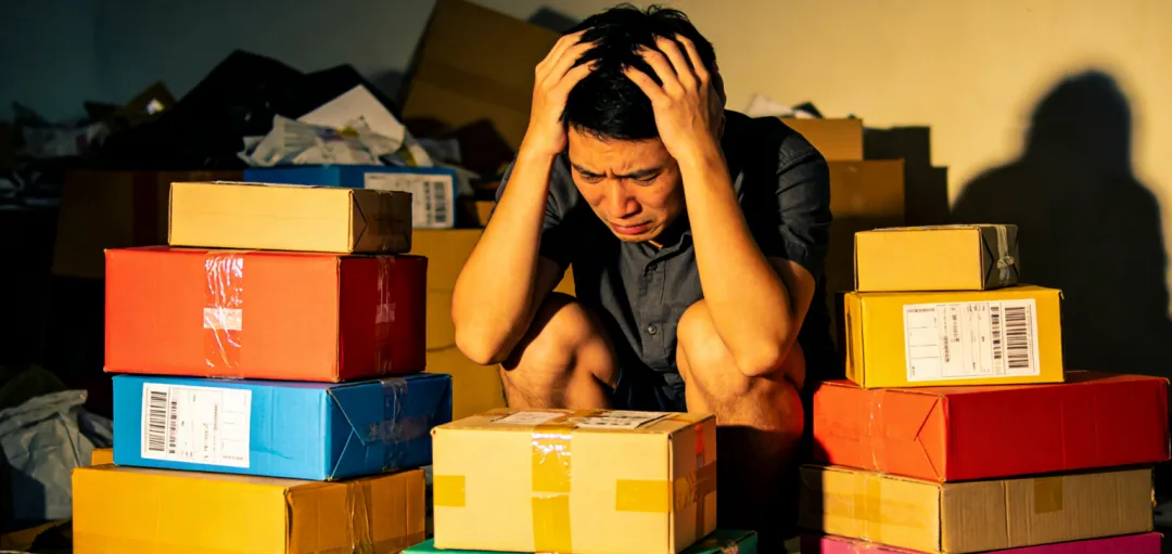 一名男子坐在堆满快递包裹的房间内，表情痛苦
