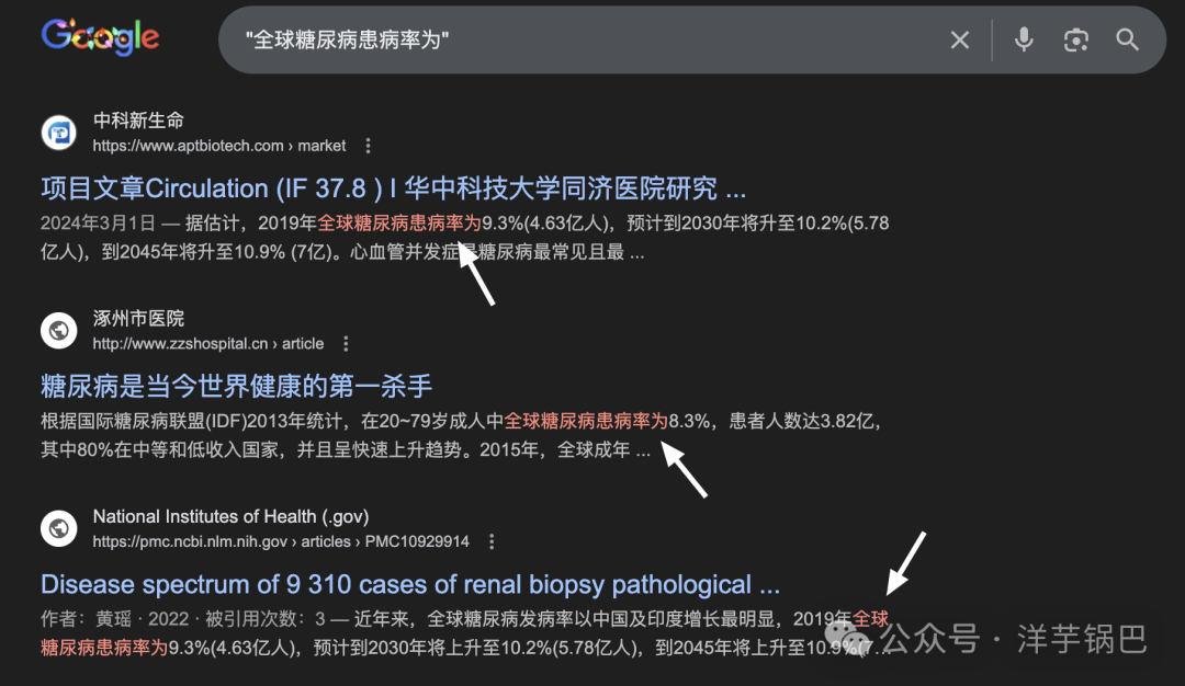 Google搜索“全球糖尿病患病率为”的精确匹配结果