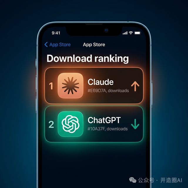 美国App Store下载排行榜截图，显示Claude位列第一，ChatGPT位列第二
