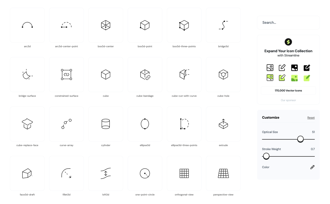 Iconoir的3D几何图标分类界面截图