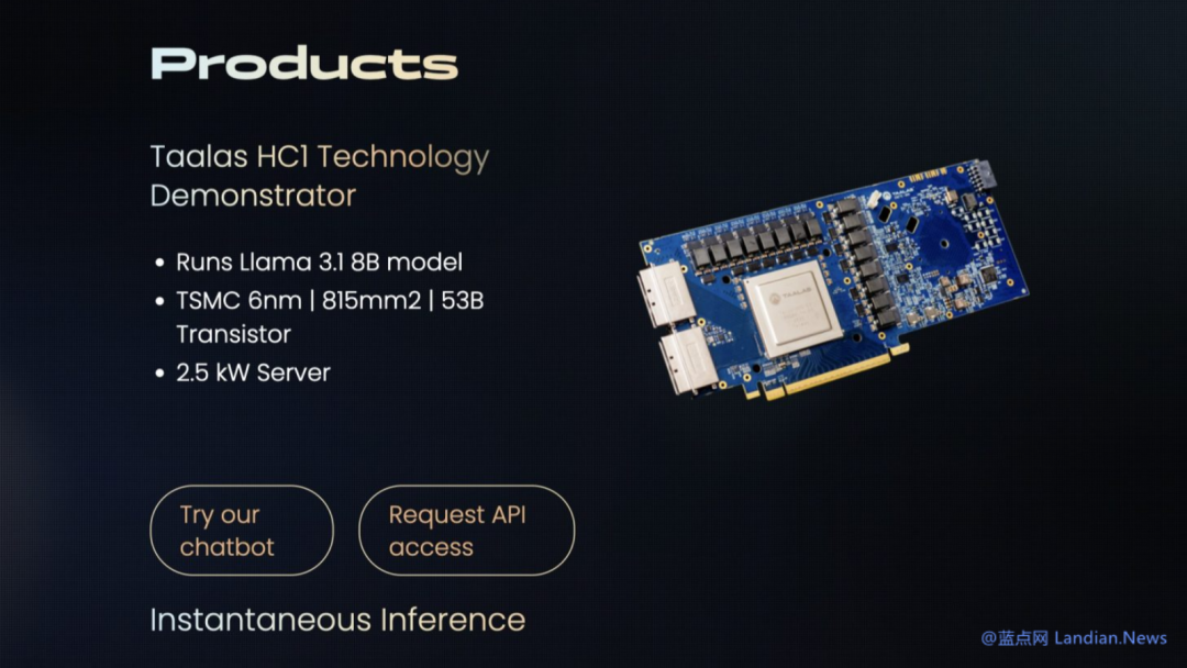 Taalas HC1 技术演示平台，运行Llama 3.1 8B模型，采用台积电6nm工艺