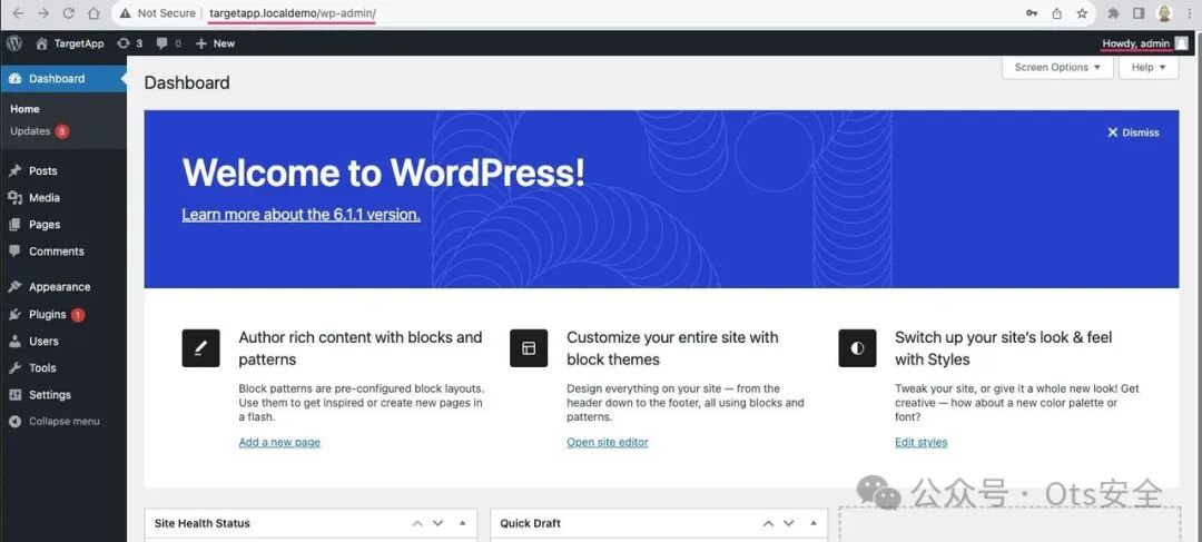 WordPress管理后台仪表盘页面,显示欢迎信息和站点概况。